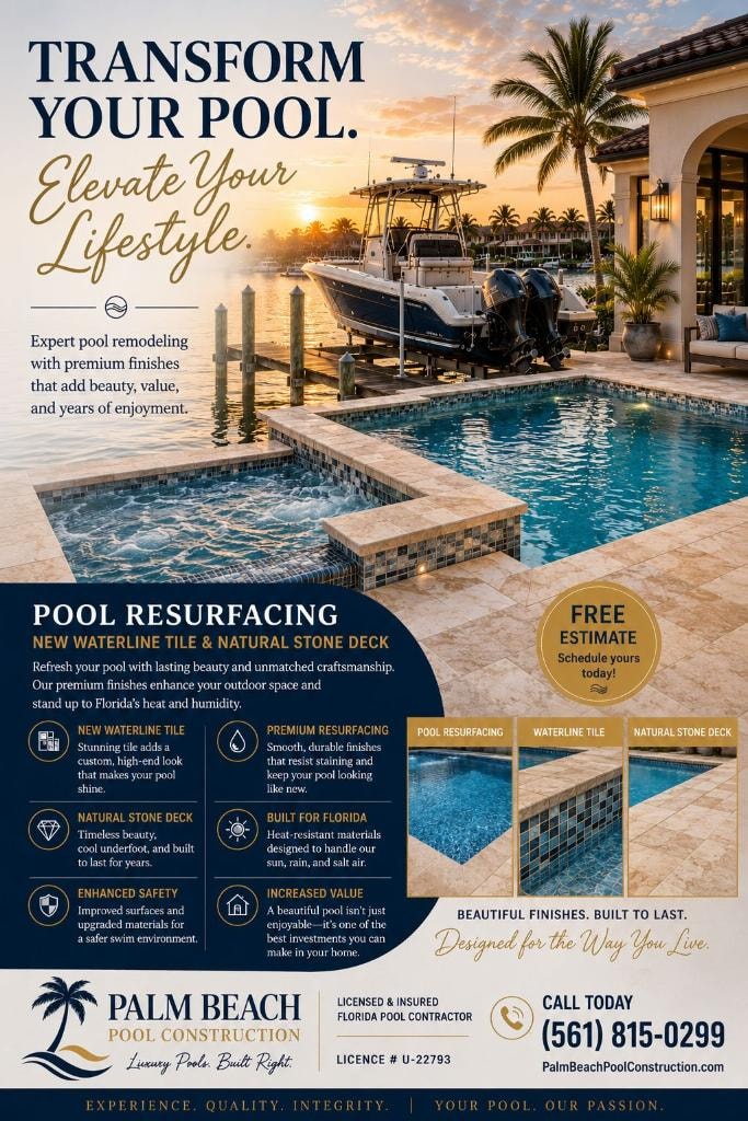 Pool resurfacing and renovation special offer – waterline tile replacement and natural stone deck by Palm Beach Pool Construction, Palm Beach County FL