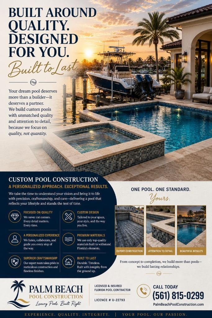 Custom new pool construction in Palm Beach County – licensed pool builder serving Deerfield Beach and South Florida, contractor U-22793